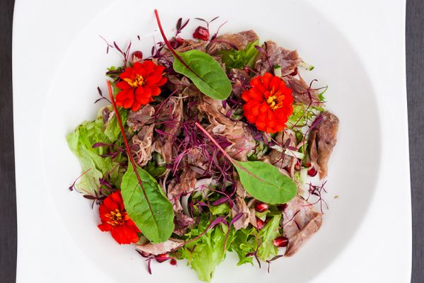 Muscovy duck confit drumstick and lukewarm salad with cranberries and almonds.