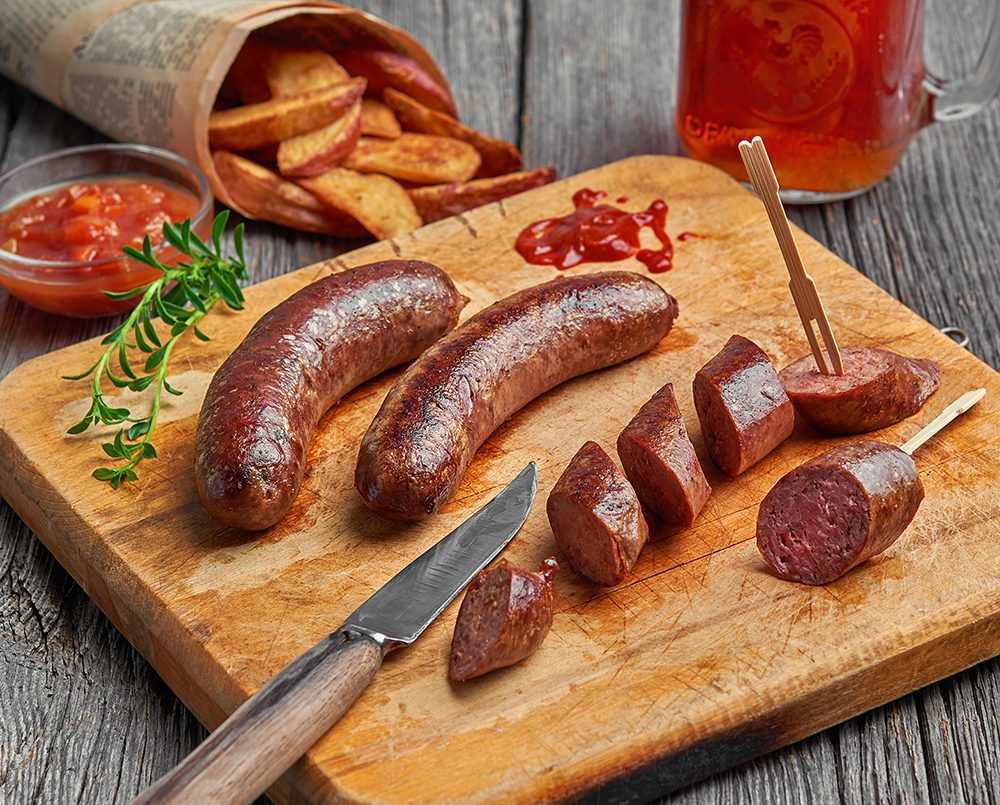 Beer and Emmental cheese duck sausages